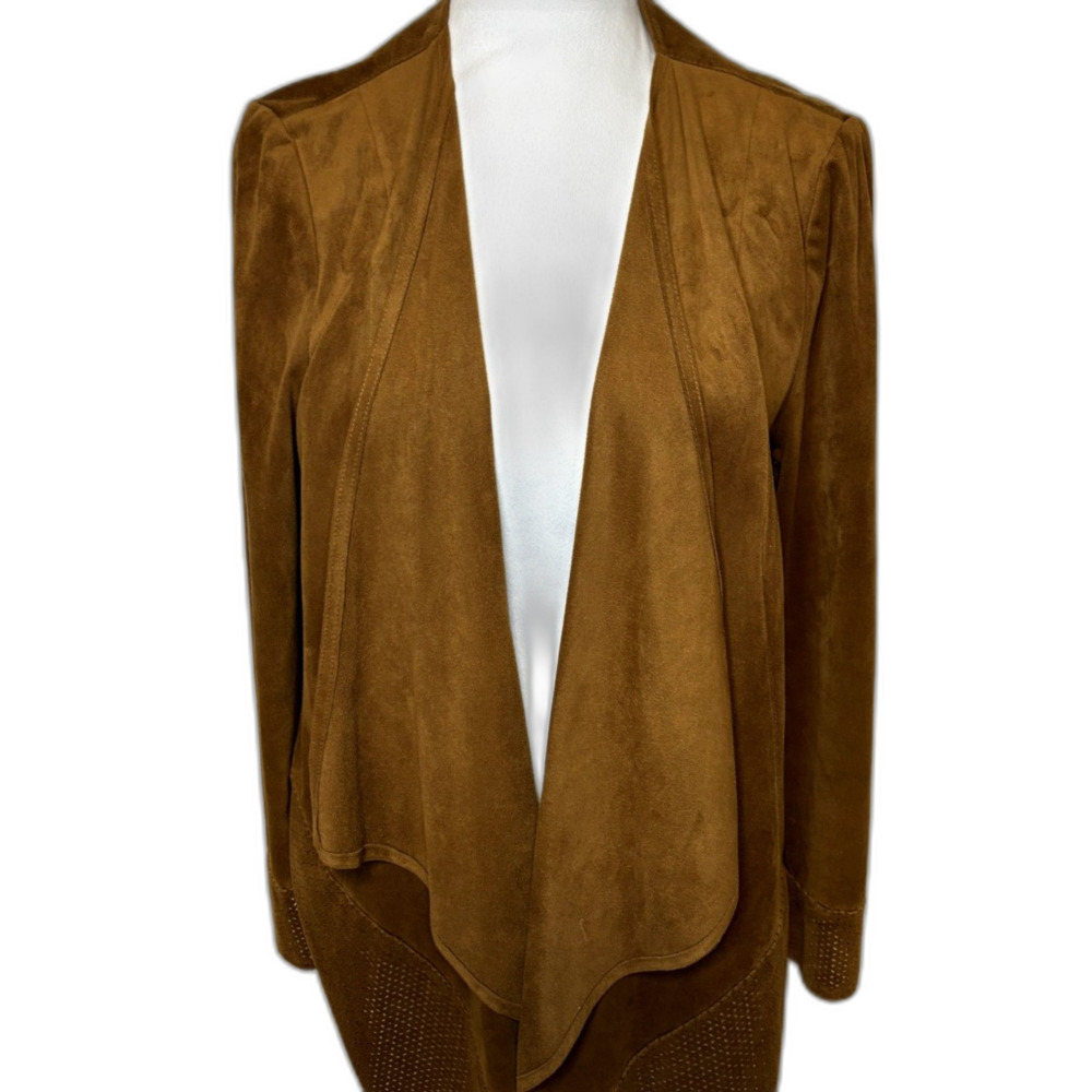 Chico's Faux Suede Open Front Cardigan Brown Draped Perforated Womens Jacket